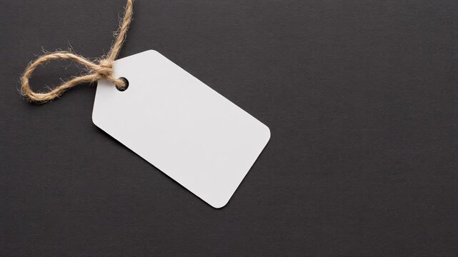 Minimalist composition featuring a blank white price tag or label tied with brown string on a plain dark gray background.