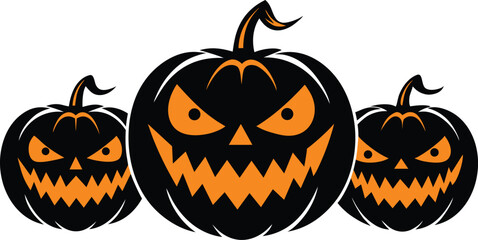 Three black jack o lanterns with orange carved faces and stems halloween pumpkin