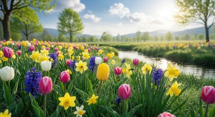 Obraz premium A vibrant field of colorful flowers, including pink, yellow, and purple tulips and daffodils, with a serene river in the background under a clear blue sky with scattered clouds.