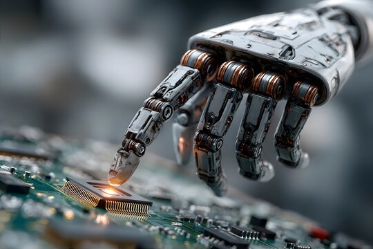 A robotic hand delicately touches a glowing microchip on an electronic circuit board.