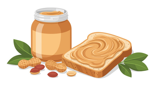 Classic breakfast or snack illustration of a jar of creamy peanut butter a slice of toast and shelled peanuts on white.