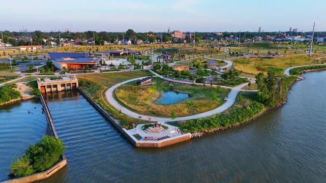 Riverside paths and ponds at Glass City Metropark in Toledo, Ohio from above