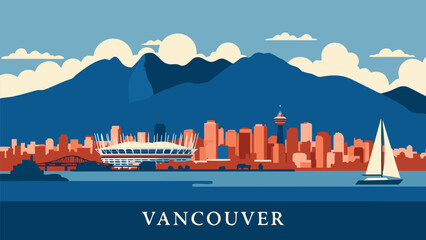 Fototapeta premium Scenic view of Vancouver skyline featuring iconic buildings and mountains with a sailboat on the water