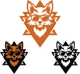 Three stylized fox heads wearing sunglasses on geometric backgrounds animal