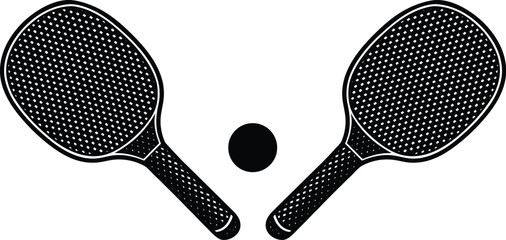 Two black ping pong paddles and ball on white background table tennis rackets
