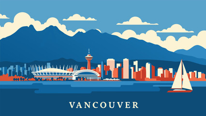 Naklejka premium Vector illustration of the Vancouver skyline with mountains in the background and a sailboat on the water, showcasing a vibrant urban landscape