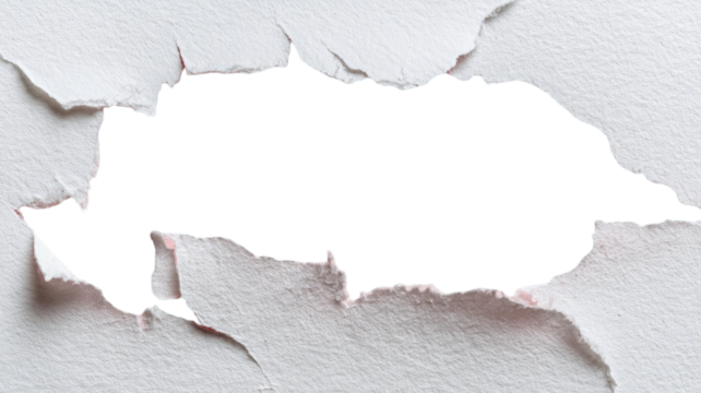 Torn hole in blank white paper sheet texture with ripped edge and copy space