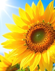 A vibrant close-up of a brilliant yellow sunflower reaching towards the bright blue sky.