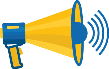 Yellow and blue megaphone with sound waves graphic bullhorn loudspeaker