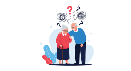 Caring elderly man comforting his confused wife who is suffering from dementia or alzheimer's disease memory loss.