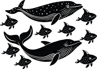 Two Whales and Small Fish Silhouettes Black and White Pattern ocean marine life