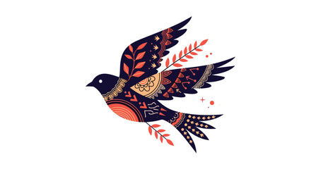 Obraz premium Beautiful flying bird decorated with intricate orange and navy blue folk art patterns representing peace hope and freedom.