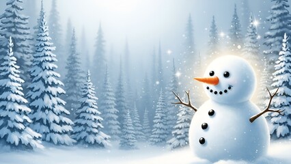 Obraz premium Winter Snowman Holiday Scene – festive Christmas snow landscape with cute snowman, magical snowfall and dreamy winter background for seasonal greeting and decorative design
