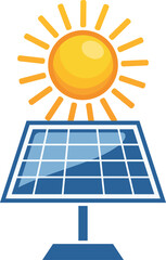 Yellow sun shining on a blue solar panel energy vector art design isolated on a white background