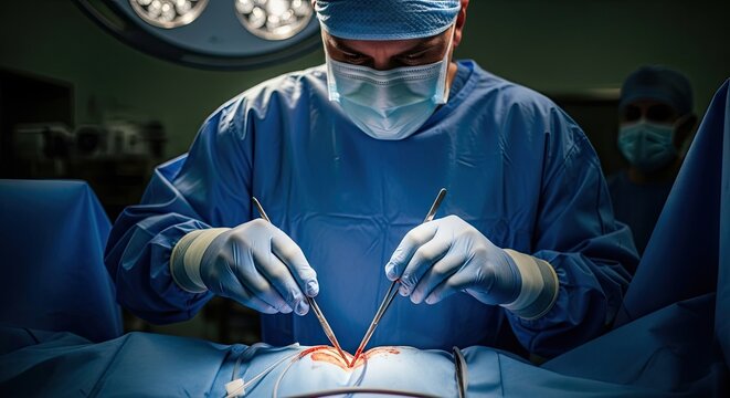 A surgeon in a blue surgical gown and mask performs a surgery on a patient in an operating room.