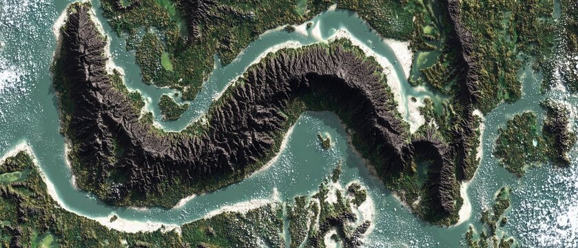 Stunning aerial view of a twisting coastal landscape in Australia showcasing vibrant green foliage and blue waters - Powered by Adobe