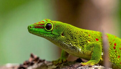 Close up of vibrant green gecko with red spots resting on a branch, against a blurred green background