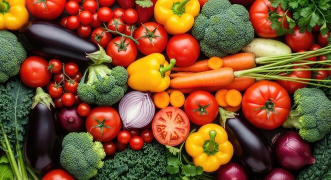 A vibrant assortment of fresh vegetables, including tomatoes, broccoli, carrots, and bell peppers, arranged on a bed of green leafy vegetables.