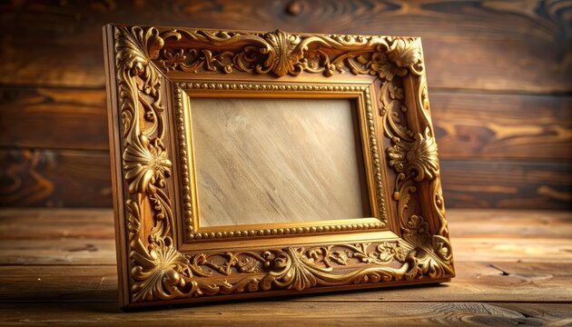An ornate, antique gold picture frame rests against a dark wooden backdrop. - Powered by Adobe