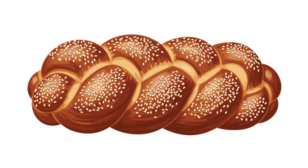Freshly baked braided challah bread loaf with a golden brown crust and sprinkled with sesame seeds isolated on a white background.