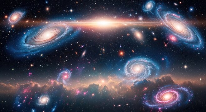 A vast expanse of space with galaxies, stars, and nebulae. The universe concept of cosmic exploration and the cosmos.