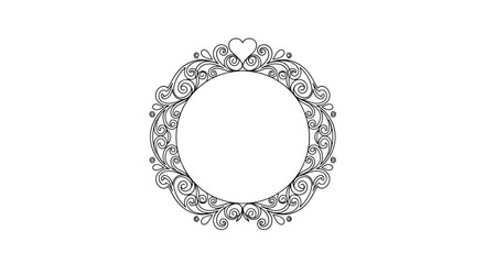 Elegant round vintage frame with intricate swirls and a heart detail in a black and white line art style for invitations or decor.