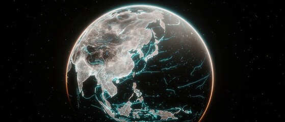 Digital hologram representation of the Asian continent illustrating vibrant cities and extensive connections against a dark background