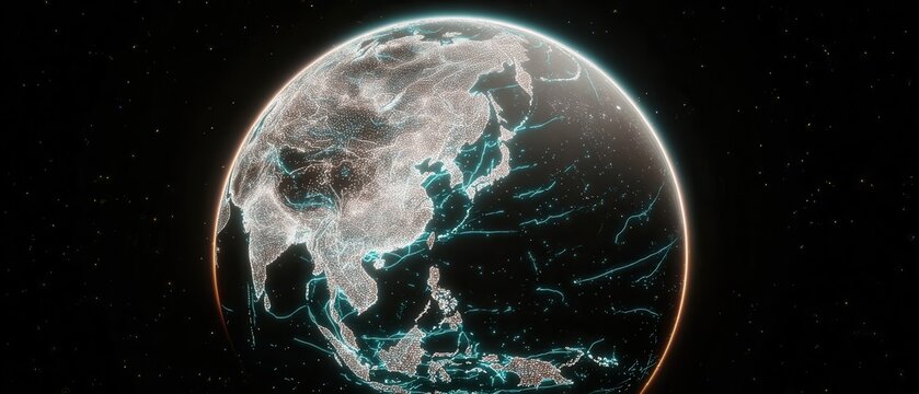 Digital hologram representation of the Asian continent illustrating vibrant cities and extensive connections against a dark background - Powered by Adobe
