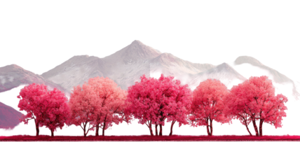 Pink cherry blossom trees bloom in a spring garden against a blue sky, creating a beautiful Japanese landscape