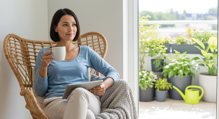 Relaxed woman enjoying coffee and using a tablet in a wicker chair by a sunny balcony. Peaceful morning at home with plants.
