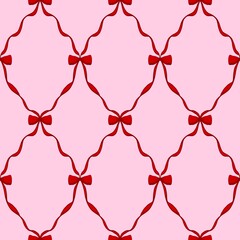 red ribbon bow seamless pattern christmas paper gift  hand drawn on pink background