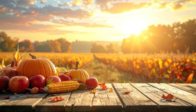 A vibrant harvest display of pumpkins and apples on a rustic wooden table against a golden sunset field.