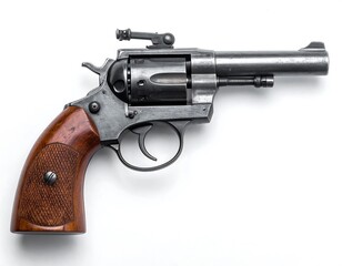 Close-up of a handgun featuring a brown wooden grip and metallic gray cylinder set against a white backdrop