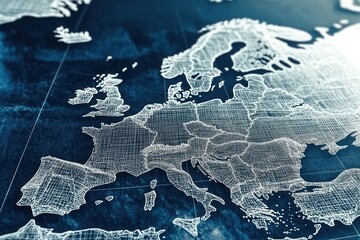 Blueprint of Europe showcasing intricate details of countries and regions with technical lines and a dark background