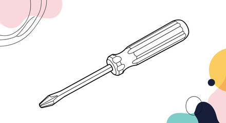 Black and white line art illustration of a Phillips head screwdriver tool for repair and construction on a modern background.
