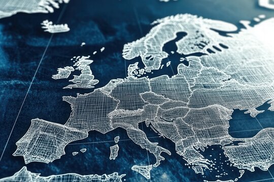 Blueprint of Europe showcasing intricate details of countries and regions with technical lines and a dark background
