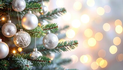 Obraz premium Close-up of silver Christmas ornaments hanging on a decorated evergreen tree with soft bokeh lights in the background.