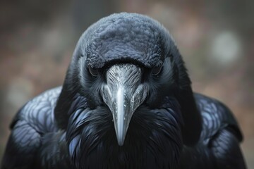 Obraz premium Close up portrait of a raven with glossy black feathers and sharp beak, conveying intelligence and mystery