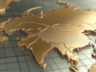 Intricate design showcasing metallic gold and silver continents of Asia highlighting geographic features and boundaries under soft lighting