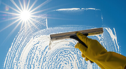 Hand in a yellow glove cleaning a window with a squeegee on a sunny day.