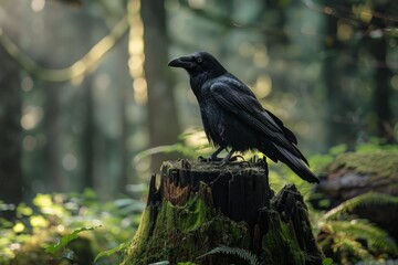 Obraz premium Raven standing on mossy stump in a forest with sunlight shining through trees