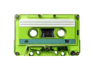 Vibrant Neon Green Compact Cassette Tape on Transparent Background