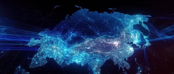 Digital hologram representation of the Asian continent showcasing vibrant lights and intricate connections