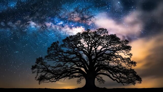 A lone tree silhouetted against a vibrant Milky Way galaxy at night.