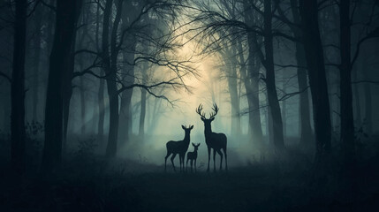 Fototapeta premium A serene family of deer stands silhouetted against a mystical, foggy forest backdrop, illuminated by a soft, ethereal light.