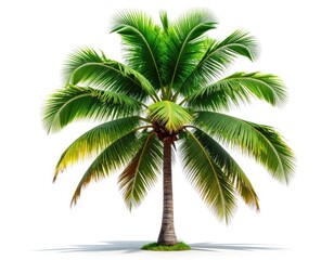 Fototapeta premium Vibrant, isolated coconut palm tree with lush green fronds casting a shadow on a white background.