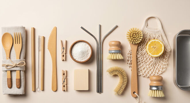A flat lay of zero waste, eco-friendly kitchen and cleaning products on a neutral background.