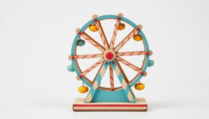 Obraz premium isolated on white with studio clarity: miniature ferris wheel toy crafted from birch plywood, storybook inspired, suitable for kids aged 3–6 learning shapes and colors, in candy striped colors