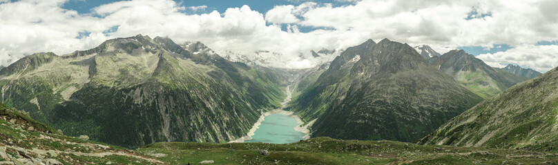Wide Alpine Panorama of Schlegeis Reservoir and Zillertal Mountains