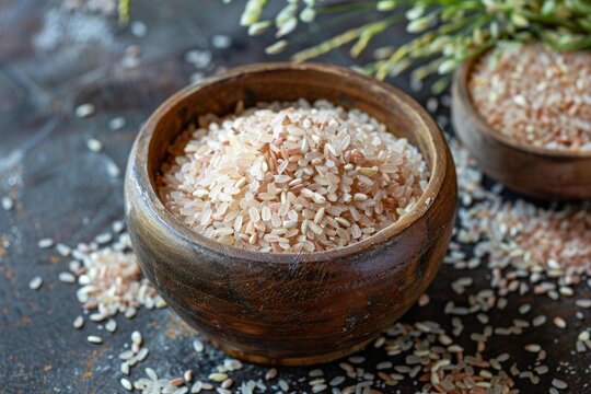 Wooden bowl full of devzira rice on a dark surface, showcasing the grains and rice plant in the background